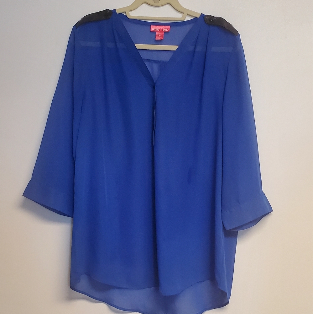 Royal Blue Semi Sheer Faux Leather Detail Shoulders Tunic Blouse Large